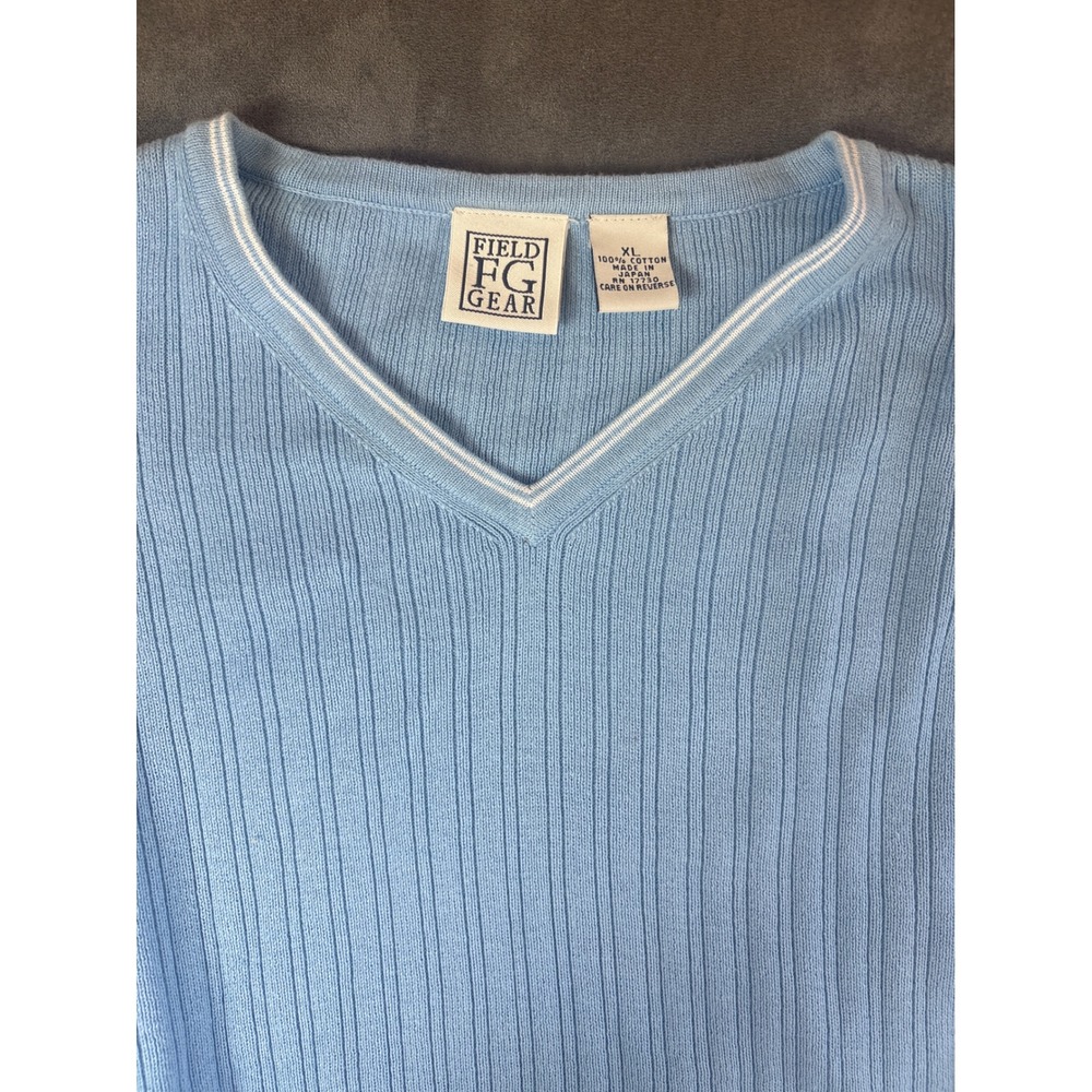 Field Gear Mens XL Blue Ribbed V-Neck Cotton Sweater Long Sleeve Striped Trim